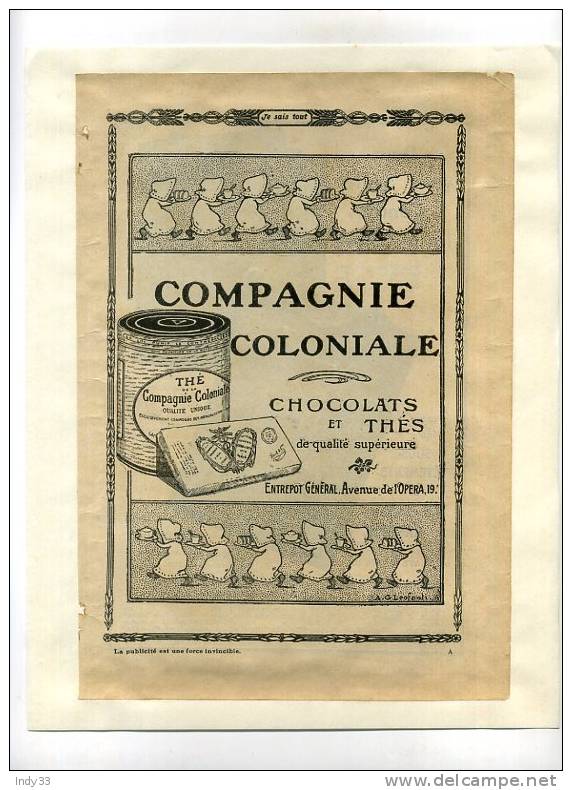 -"COMPAGNIE COLONIALE CHOCOLATS ET THES" . PAGE DE PUB. DU DEBUT DU XXe S. COLLEE SUR PAPIER - Autres & Non Classés