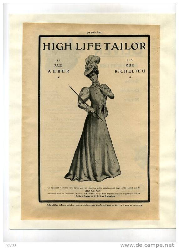 -"HIGH LIFE TAILOR" . PAGE DE PUB. DU DEBUT DU XXe S. COLLEE SUR PAPIER - 1900-1940