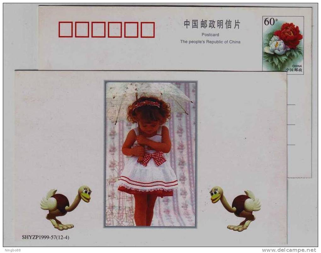 Loving Baby,parasol,cartoon Ostrich,China 1999 Shanghai New Year Greeting Advertising Pre-stamped Card - Autruches