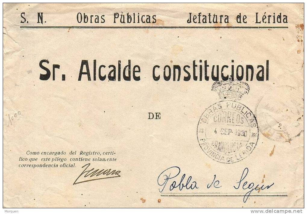 7373. Carta Franquicia LERIDA 1930 Obras Publicas - Cartas & Documentos