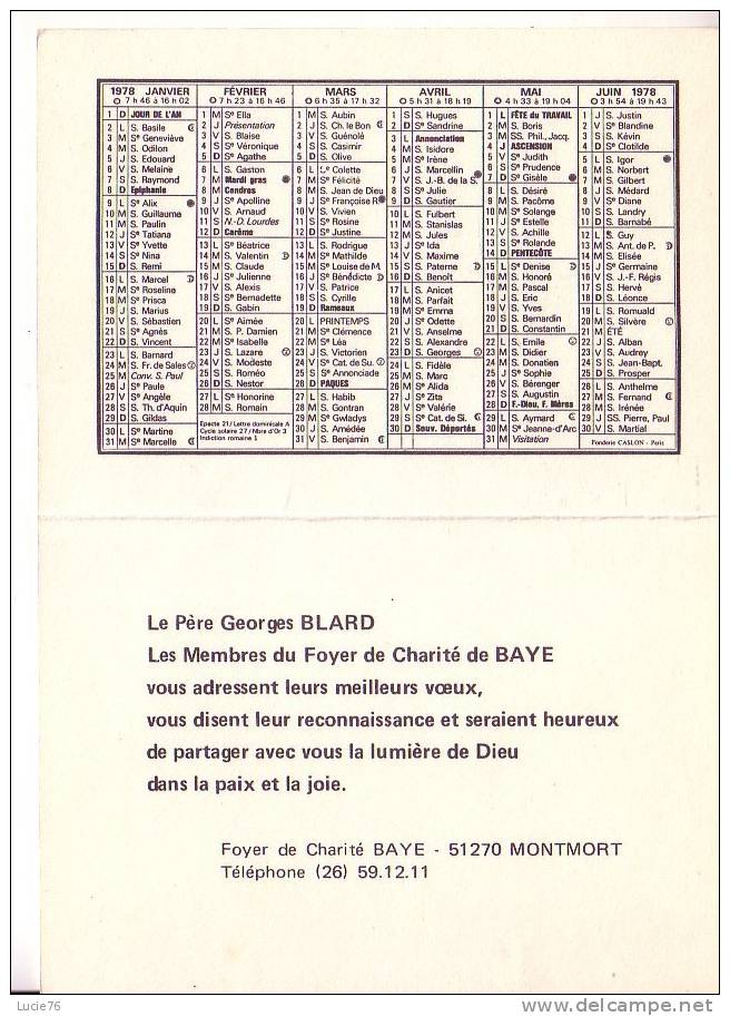 CALENDRIER De POCHE -  Foyer De Charité De MONTMORT  -  51 - Tamaño Pequeño : 1971-80