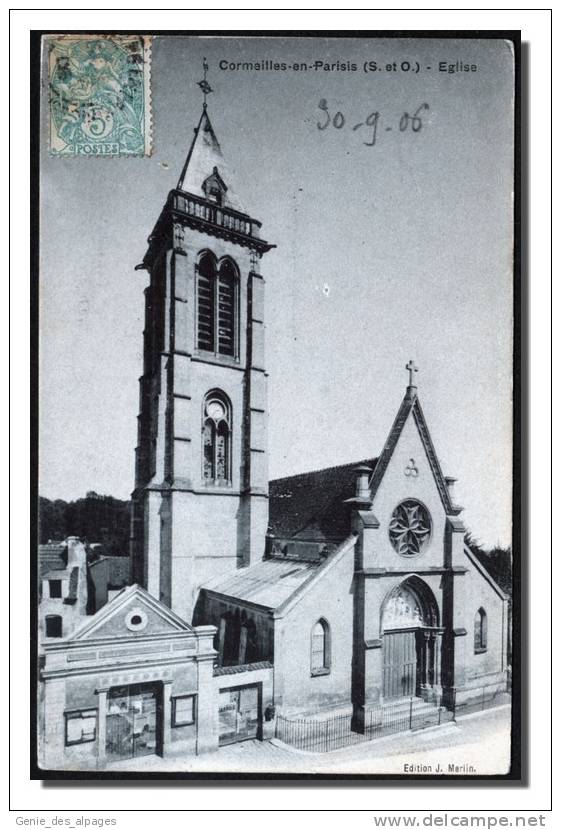 95 CORMEILLES, L'église, Semi-bromure Breger, Ed Merlin, CPA Voyagé190? - Cormeilles En Parisis