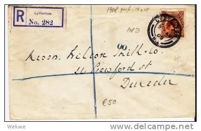 NZ107/ Lyttelton-Einschreiben 1909. Lappenkopf (Vogel) Three Pence - Lettres & Documents