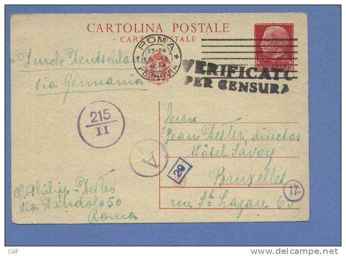 Postkaart Verzonden Van ROME " Via Duitsland" Naar BRUSSEL (Belgie), + VERIFICATO / PER CENSURA ............ - WW II (Covers & Documents)