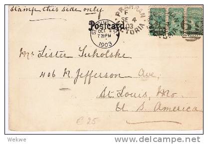 Vic120/ AK Melbourne Bourke St., 1903, Prahran-USA, 3-er Streifen - Lettres & Documents