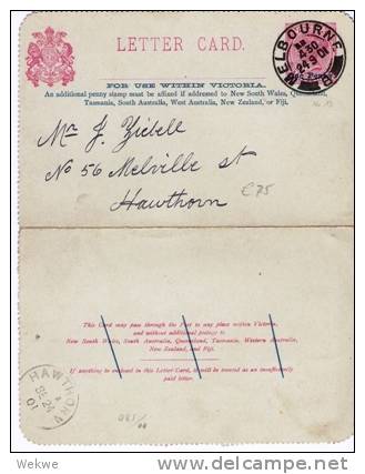 Vic135/ Kartenbrief (Letter Card)  Nr. 13, One Penny Auf Two Pence, 1901 To Hawthorn - Brieven En Documenten
