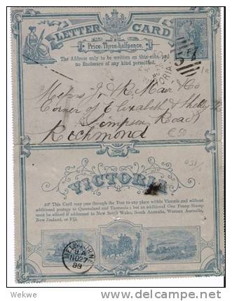 Vic142/ Kartenbrief  (Letter Card)1889, K 1a. Rückseitig Schiff, Kutsche, Zug - Storia Postale