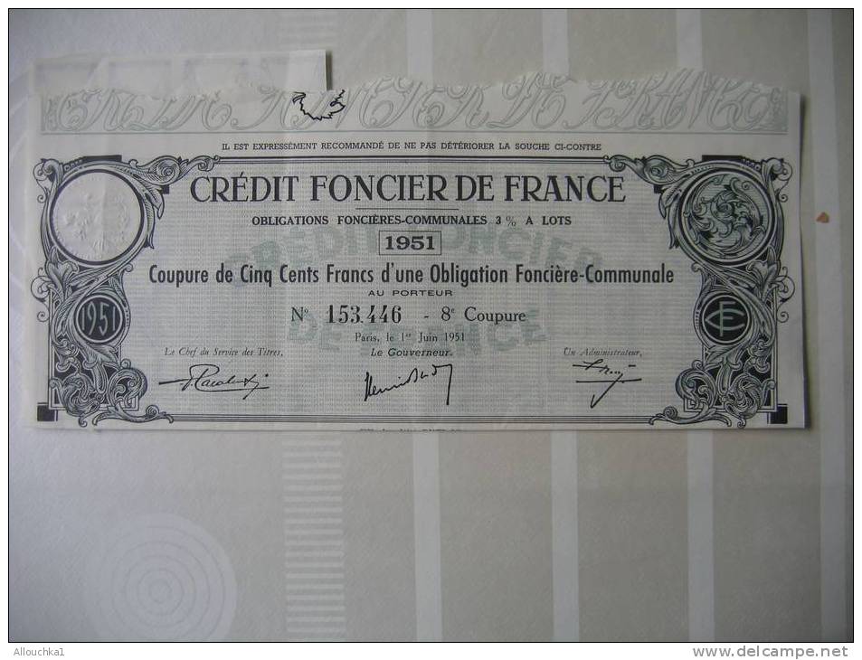 ACTION & TITRE PERIME:"CREDIT FONCIER DE FRANCE  1951 - Banque & Assurance
