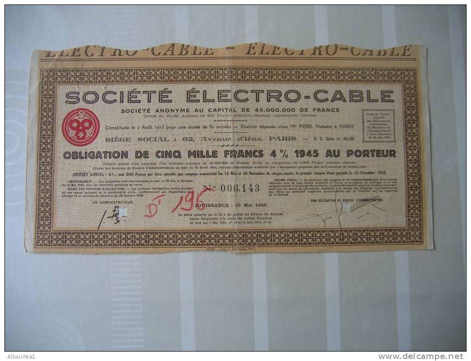 ACTION & TITRE PERIME:"SOCIETE ELECTRO CABLE  15 MAI 1945 PARIS - Elettricità & Gas