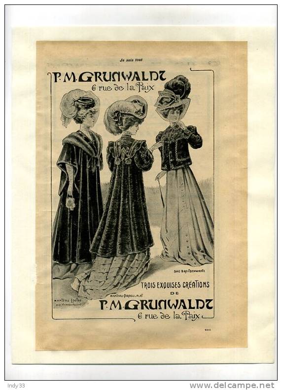 - "P.M. GRUNWALDZ  COUTURIER" . PAGE DE PUB. DU DEBUT DU XXe S. COLLEE SUR PAPIER - 1900-1940