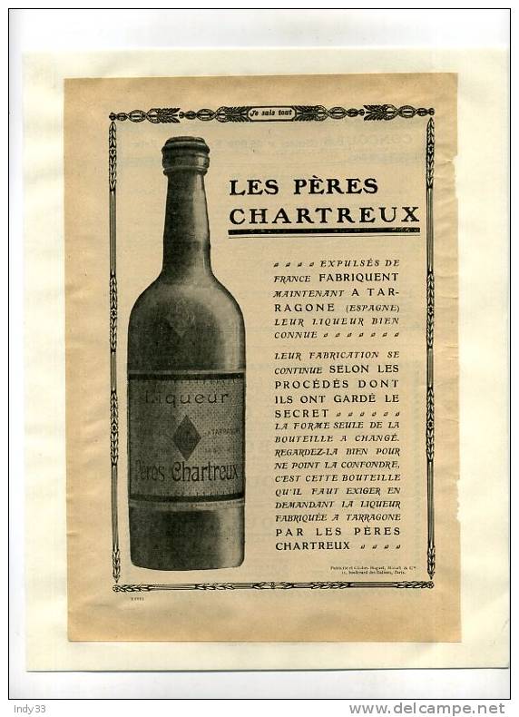 - "LES PERES CHARTREUX" . PAGE DE PUB. DU DEBUT DU XXe S. COLLEE SUR PAPIER - Alkohol