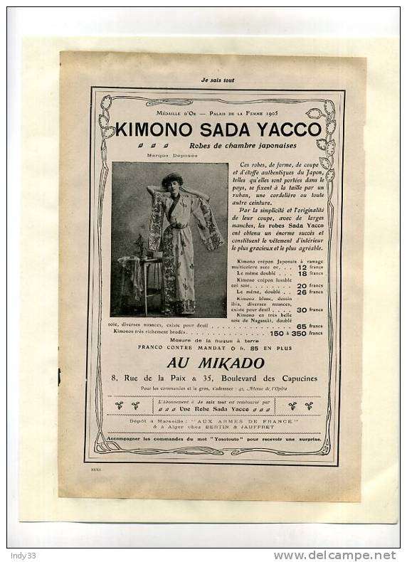 - FRANCE 75 . PARIS . "KIMONO SADA YACCO" . PAGE DE PUB. DU DEBUT DU XXe S. COLLEE SUR PAPIER - Sonstige & Ohne Zuordnung