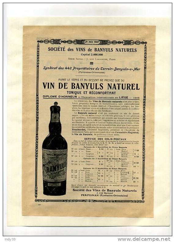 - "VIN DE BANYULS NATUREL" . PAGE DE PUB. DU DEBUT DU XXe S. COLLEE SUR PAPIER - Alcools
