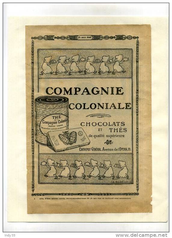 - "COMPAGNIE COLONIALE CHOCOLATS ET THES" . PAGE DE PUB. DU DEBUT DU XXe S. COLLEE SUR PAPIER - Other & Unclassified