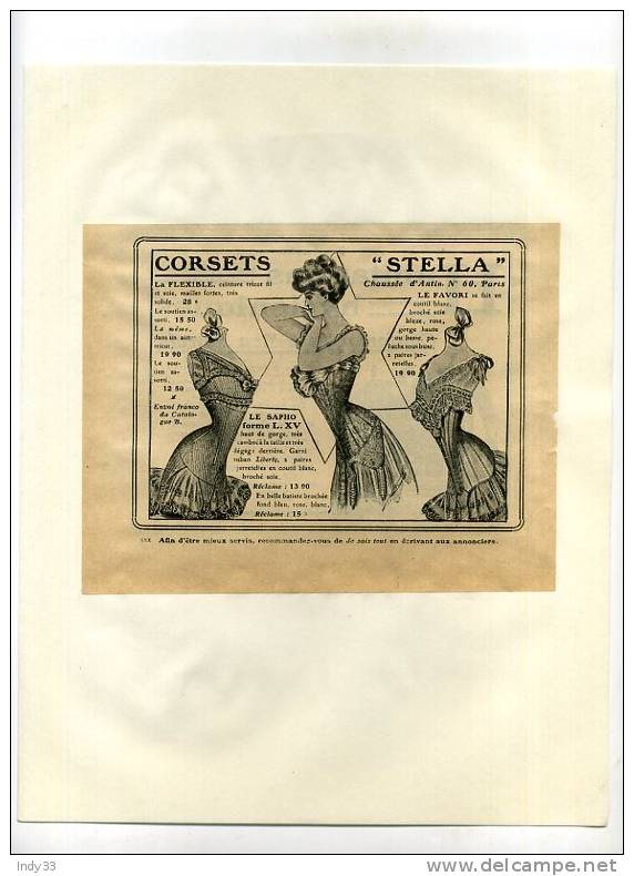 - "CORSETS STELLA" . PAGE DE PUB. DU DEBUT DU XXe S. DECOUPEE ET COLLEE SUR PAPIER - 1900-1940