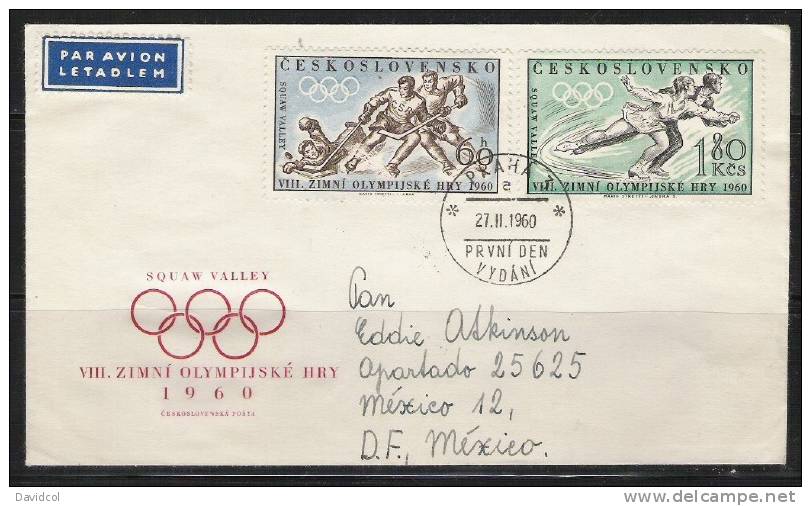 S987.-.CESKOSLOVENSKO / CHECOSLOVAQUIA.- 1960.- WINTER OLYMPICS .- F.D.C  REGISTERED TO MEXICO. - Inverno1960: Squaw Valley