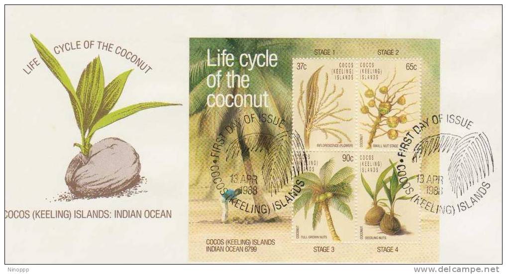 Cocos Islands  1988  Life Cycle Of Coconut Mini Sheet. FDC - Cocos (Keeling) Islands