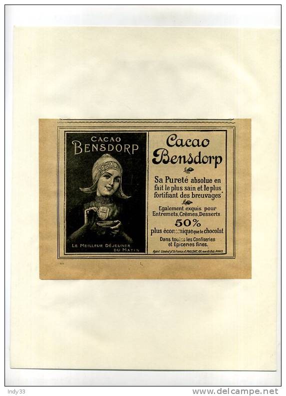 - CACAO BENSDORP . PAGE DE PUB. DEBUT DU XXe S. DECOUPEE ET COLLEE SUR PAPIER - Cioccolato