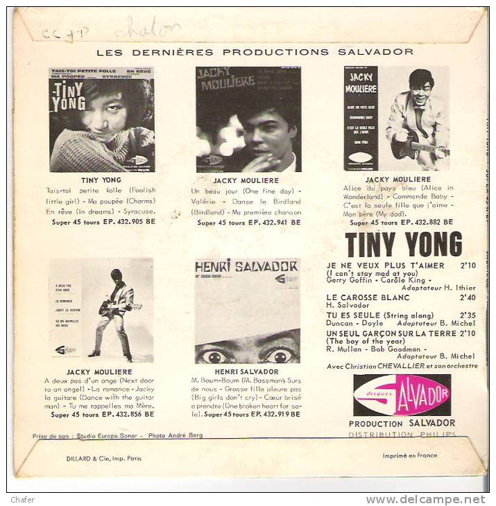 Vinyle 45 Tours - Tiny Yong - Je Ne Veut Plus T´aimer - Production Salvador (Philips - Disco, Pop