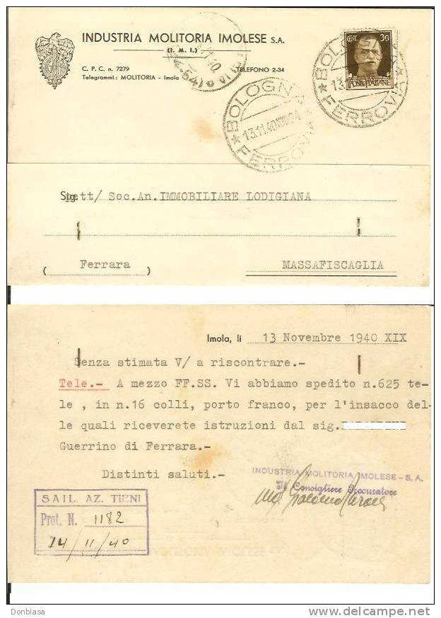 Imola: Cartoncino Commerciale Viaggiato 1940 "Industria Molitoria Imolese S.a.". Diretto A Massafiscaglia (Ferrara) - Imola