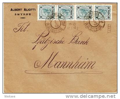 A-L002a / Smyrna 1899,10 Para Auf 3 Heller,senkr.4er-Streifen (Brief. Cover, Lettre) - Levante-Marken