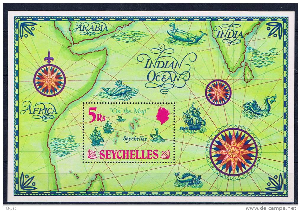 SY Seychellen 1971 Mi 286 Bl. 2** Landkarte - Seychellen (1976-...)