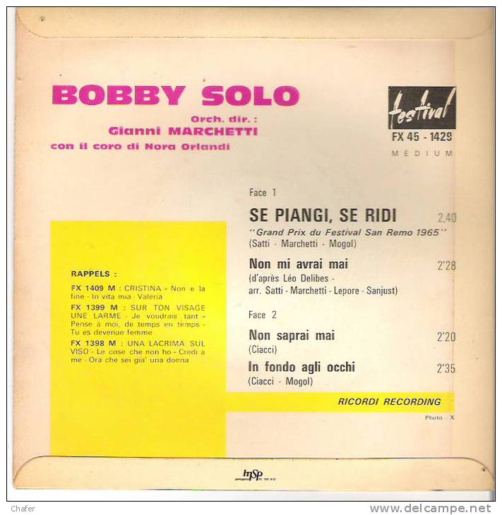 Vinyle 45 Tours - Bobby Solo Grand Prix San Remo 1965 - Se Piangi, Se Ridi (Festival Fx 1429M) - Disco, Pop