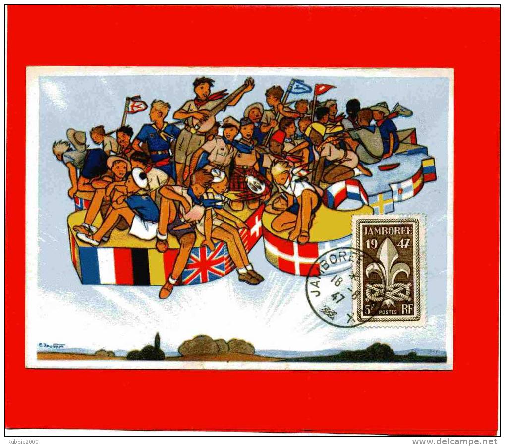 JAMBOREE 1947 CARTE ILLUSTREE PAR JOUBERT AFFRANCHIE DU TIMBRE DU JAMBOREE SCOUTISME CARTE EN TRES BON ETAT - Scoutisme