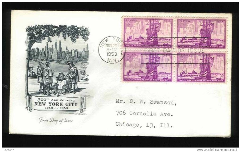 FDC 300th Anniversary New York City 1953 - Block Of 4 Stamps - 1951-1960