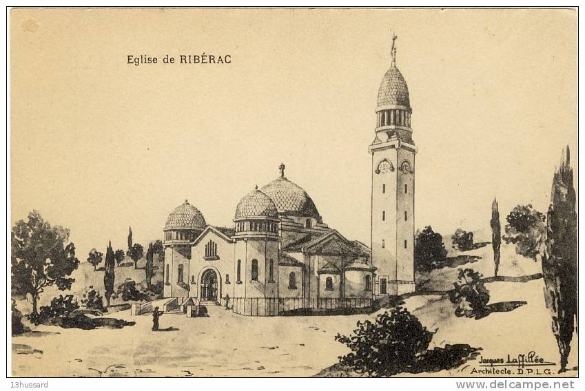 Carte Postale Ancienne Ribérac - Dessin De L'Eglise, Architecte Jacques Laffillée - Riberac