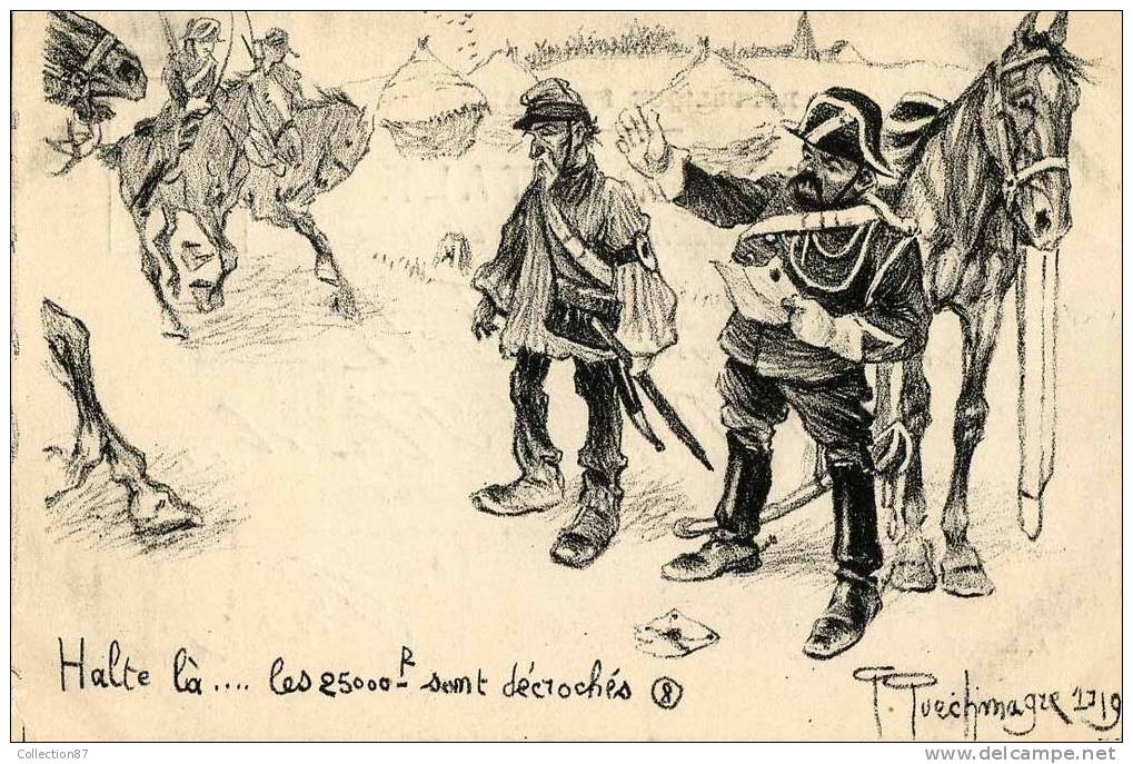 ILLUSTRATEUR QUECHIMAGRE - MILITAIRE - GENDARME - CONTROLE De DOUANE ???  - CLICHE 1900 - Zoll