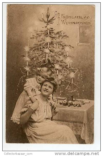 VINTAGE ORIGINAL Ca1900 POSTCARD POSTAL CHRISTMAS GIRLD AND WOMAN TREE NAVIDAD MUJER Y NIÑA - ÁRBOL - Santa Claus