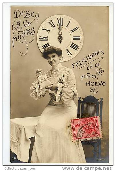 VINTAGE ORIGINAL Ca1900 POSTCARD POSTAL HAPPY NEW YEAR-WOMAN-CLOCK-FELÍZ AÑO NUEVO-MUJER-RELOJ - Año Nuevo