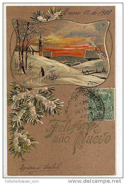 VINTAGE ORIGINAL Ca1900 POSTCARD POSTAL HAPPY NEW YEAR-SNOW-FELÍZ AÑO NUEVO-NIEVE - Año Nuevo