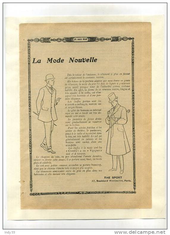 - LA MODE NOUVELLE  THE SPORT . PAGE DE PUB. DU DEBUT DU XXe S. COLLEE SUR PAPIER - 1900-1940