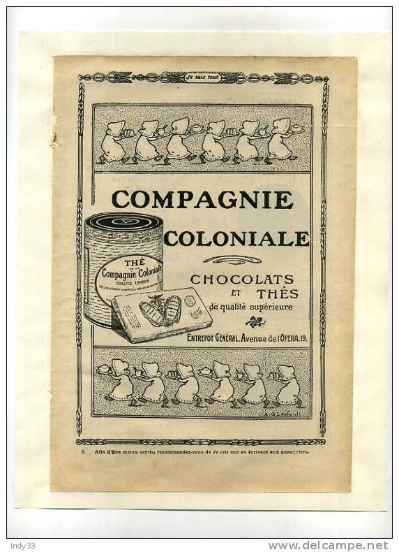 - COMPAGNIE COLONIALE   CHOCOLATS ET THES . PAGE DE PUB. DU DEBUT DU XXe S. COLLEE SUR PAPIER - Schokolade