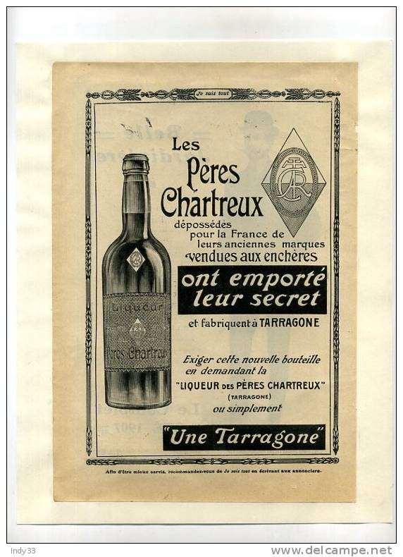 - LES PERES CHARTREUX   . PAGE DE PUB. DU DEBUT DU XXe S. COLLEE SUR PAPIER - Alcools