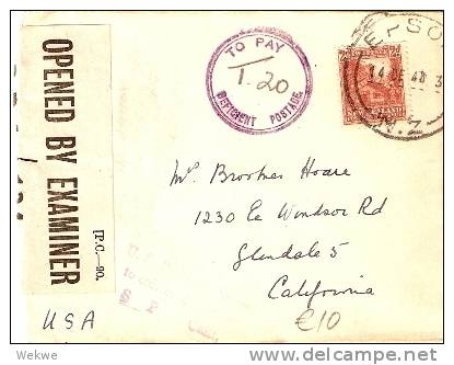 NZ058 / Maori Haus USA 1940,zensiert,N.Z./US Nachporto-Stempel (To Pay 20) - Cartas & Documentos