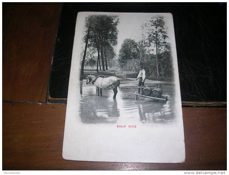 A......SOUS BOIS .........Corvée D Eau A La Riviere : Cheval Attelé A Une Charette Et Ses Deux Tonneaux  Attelage - Elevage