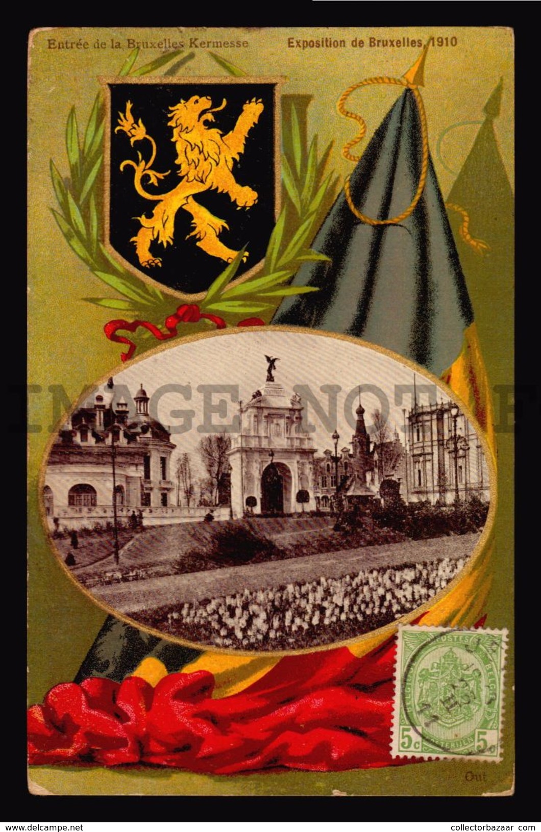 Belgium Universal Exposition 1910 Colorfull Lithography Entree De La Bruxelles Kermesse Flag (w4_3472) - Exposiciones Universales