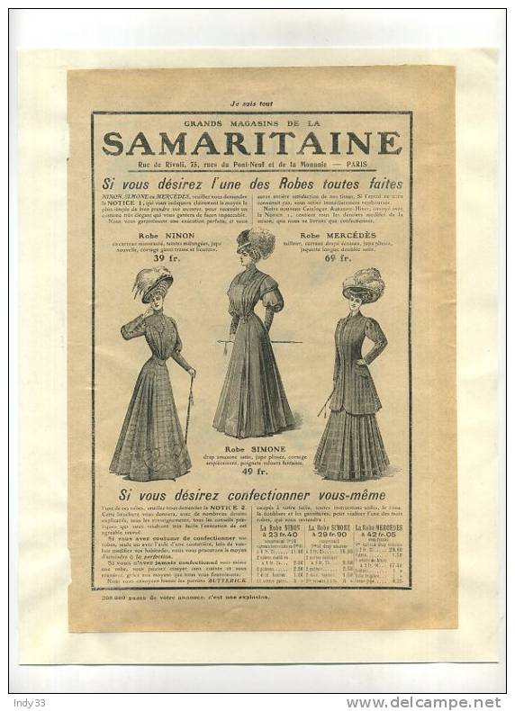 - LA SAMARITAINE . PAGE DE PUB. DEBUT XXe S.  COLLEE SUR PAPIER - 1900-1940