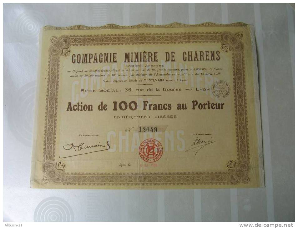 1928 ACTION & TITRE"SCRIPOHILIE"COMPAGNIE  MINIERE DE CHARENS "THEME DE LA MINE"SIEGE A LYON - Mijnen