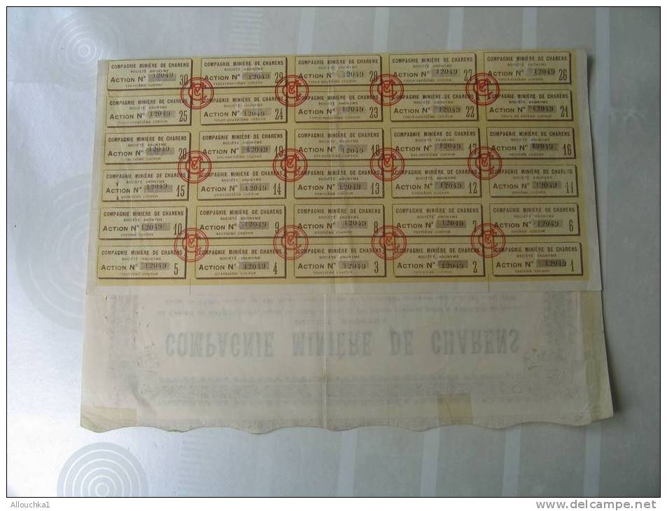 1928 ACTION & TITRE"SCRIPOHILIE"COMPAGNIE  MINIERE DE CHARENS "THEME DE LA MINE"SIEGE A LYON - Mijnen
