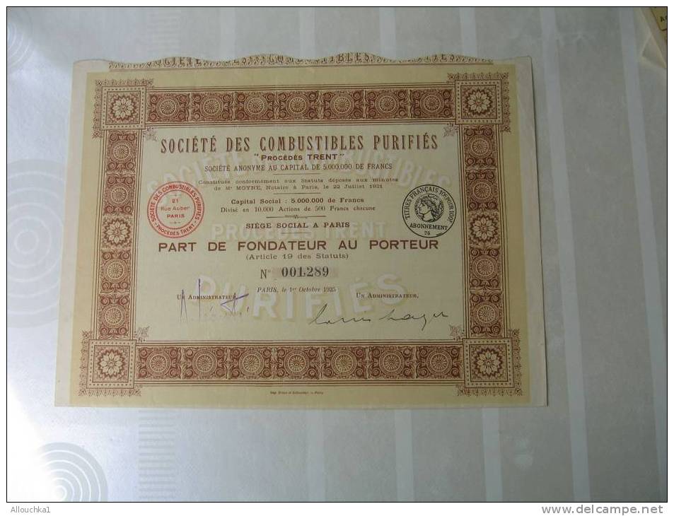 1921 ACTION & TITRE"SCRIPOHILIE"SOCIETE DES COMBUSTIBLES PURIFIES PROCEDES TRENT"THEME DE LA MINE"SIEGE A PARIS - Mineral