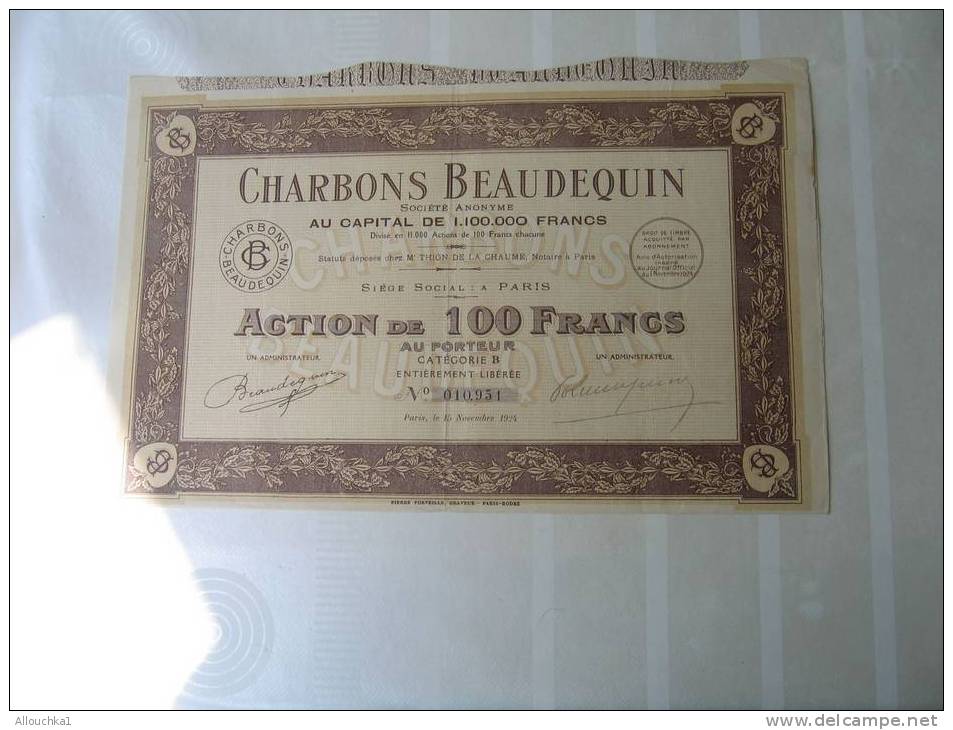 1924  ACTION & TITRE"SCRIPOHILIE"STE CHARBONS BEAUDEQUIN "THEME DE LA MINE"SIEGE A PARIS - Mines