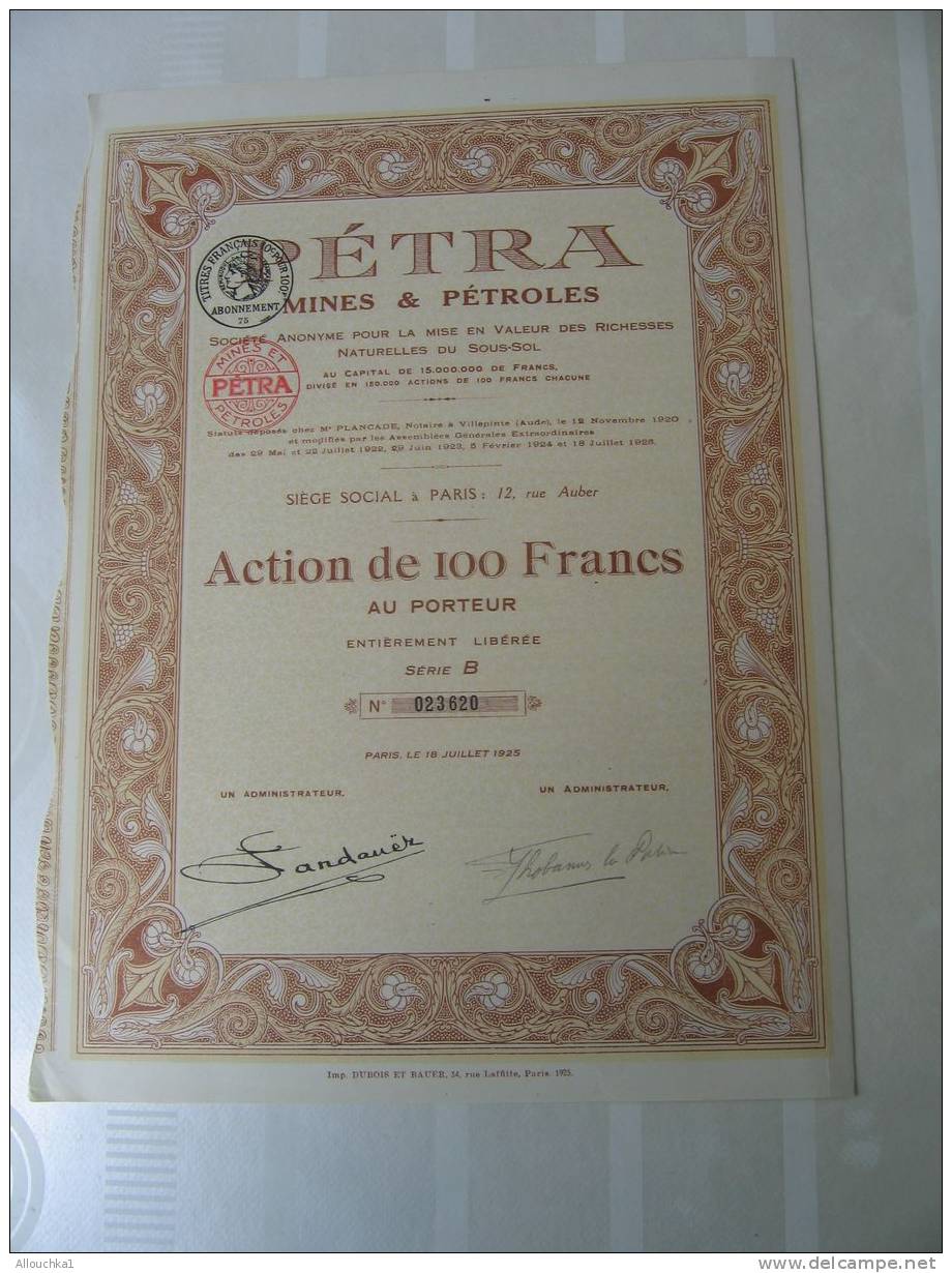 1925  ACTION & TITRE"SCRIPOHILIE" SOCIETE FRANCAISE PETRA MINES & PETROLES   "THEME DE LA MINE"SIEGE A PARIS - Mijnen