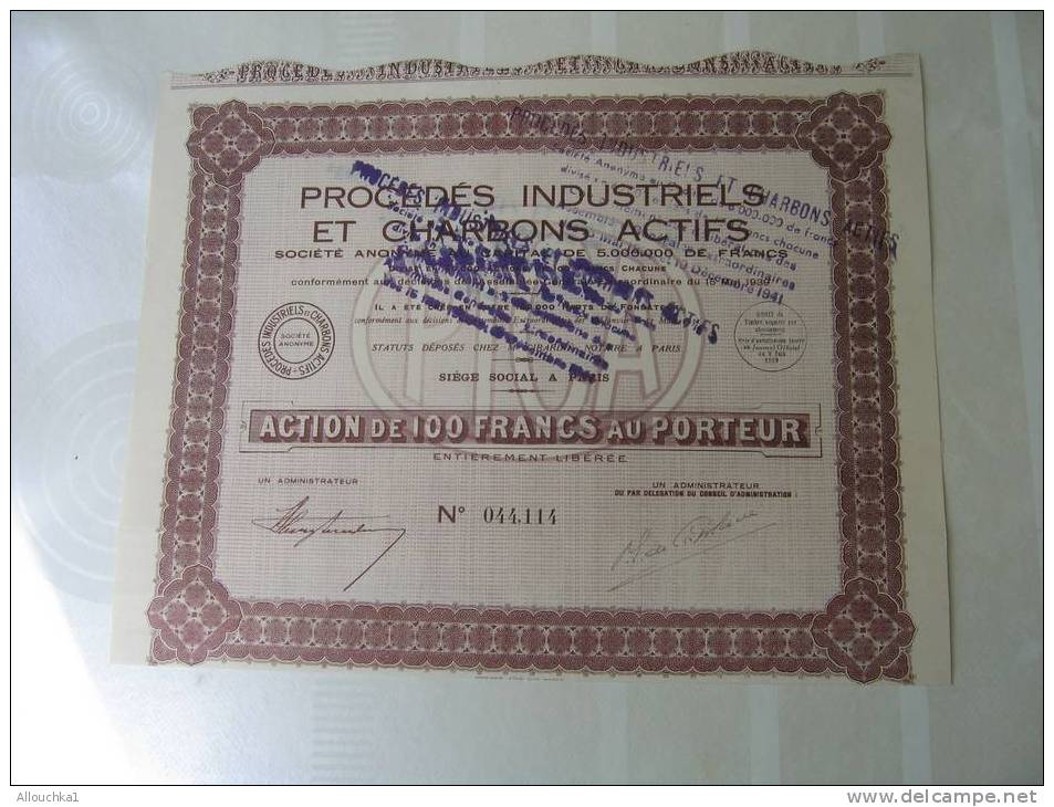 1939  ACTION & TITRE"SCRIPOHILIE" SOCIETE FRANCAISE PROCEDES INDUSTRIELS & CHARBON ACTIFS"THEME DE LA MINE"SIEGE A PARIS - Mineral