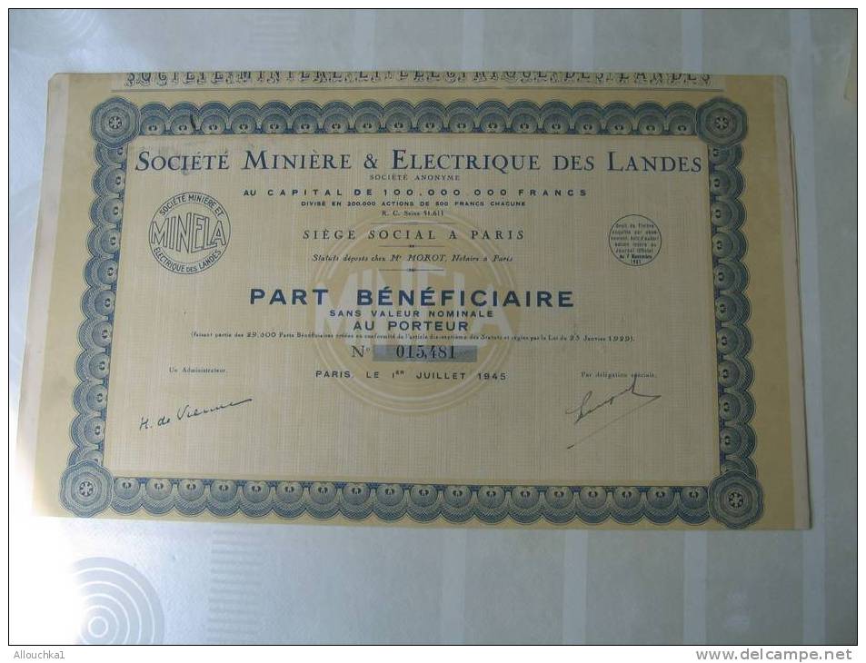 1945 ACTION & TITRE"SCRIPOHILIE"COMPAGNIE MINIERE & ELECTRIQUE DES LANDES 40   S.A. " THEME DE LA MINE " SIEGE A PARIS - Bergbau