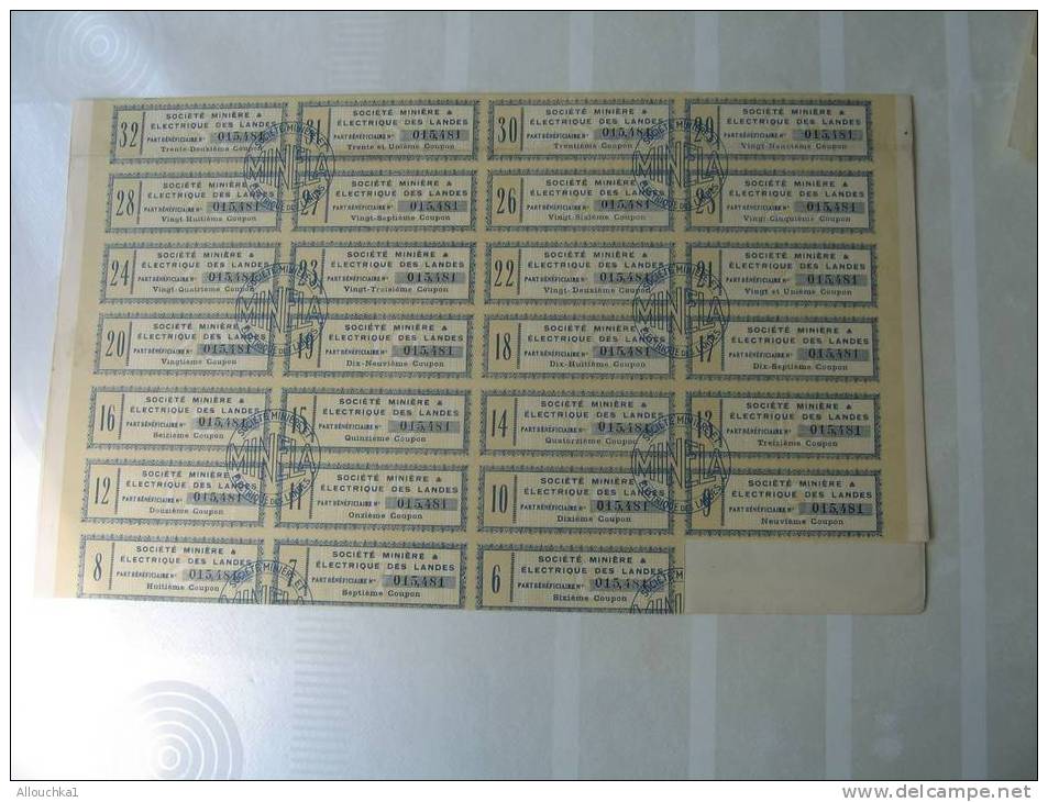 1945 ACTION & TITRE"SCRIPOHILIE"COMPAGNIE MINIERE & ELECTRIQUE DES LANDES 40   S.A. " THEME DE LA MINE " SIEGE A PARIS - Bergbau