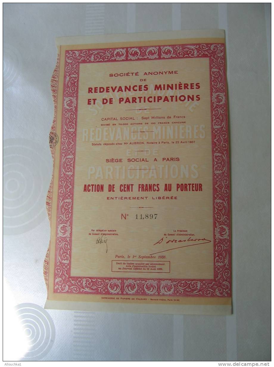 1938 ACTION & TITRE"SCRIPOHILIE"REDEVANCE MINIERE & DE PARTICIPATION    S.A. " THEME DE LA MINE " SIEGE A PARIS - Bergbau